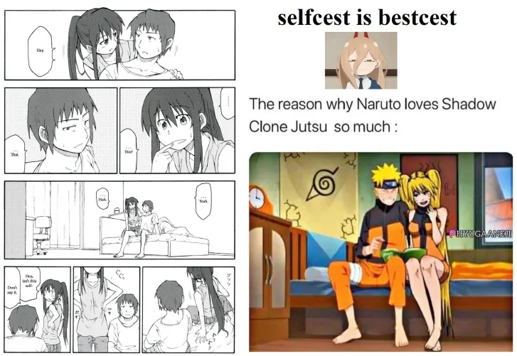 In the light novels Kyon (from Haruhi Suzumiya) eventually meets a female clone version of himself... ofcourse artists knew what needed to be done... by MisakiPuru_Puru