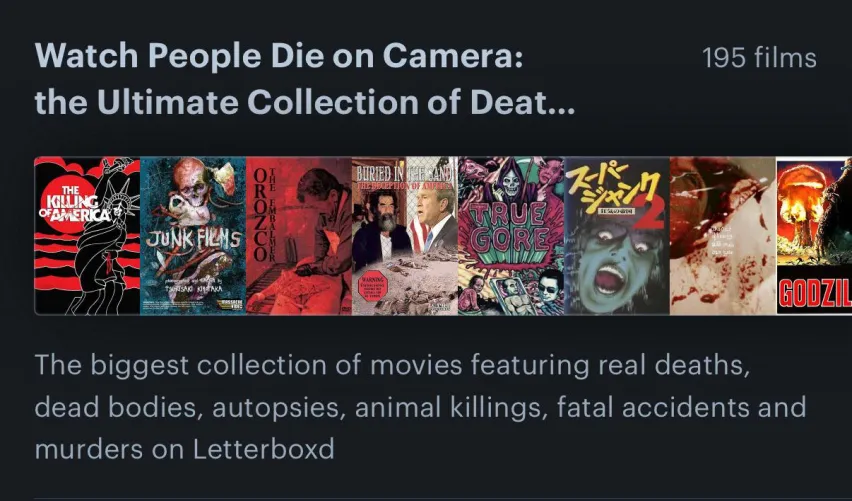 I’ve made the biggest collection of movies featuring real-life death footage on Letterboxd. Go check it out! by Low_Rider999