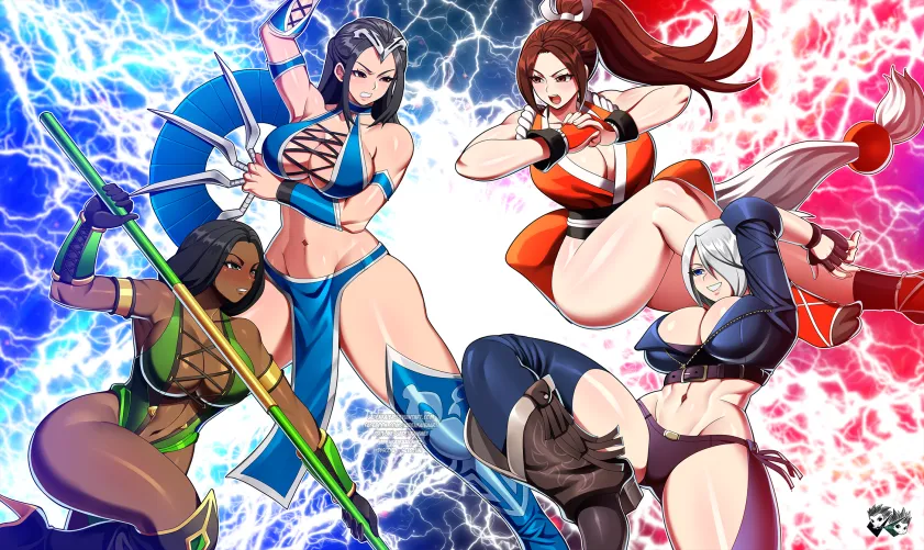 Jade and Kitana from Mortal Kombat; and Mai Shiranui and Angel from King of Fighters. Choose one from each franchise to be your fighting waifus... by jordidipo2324