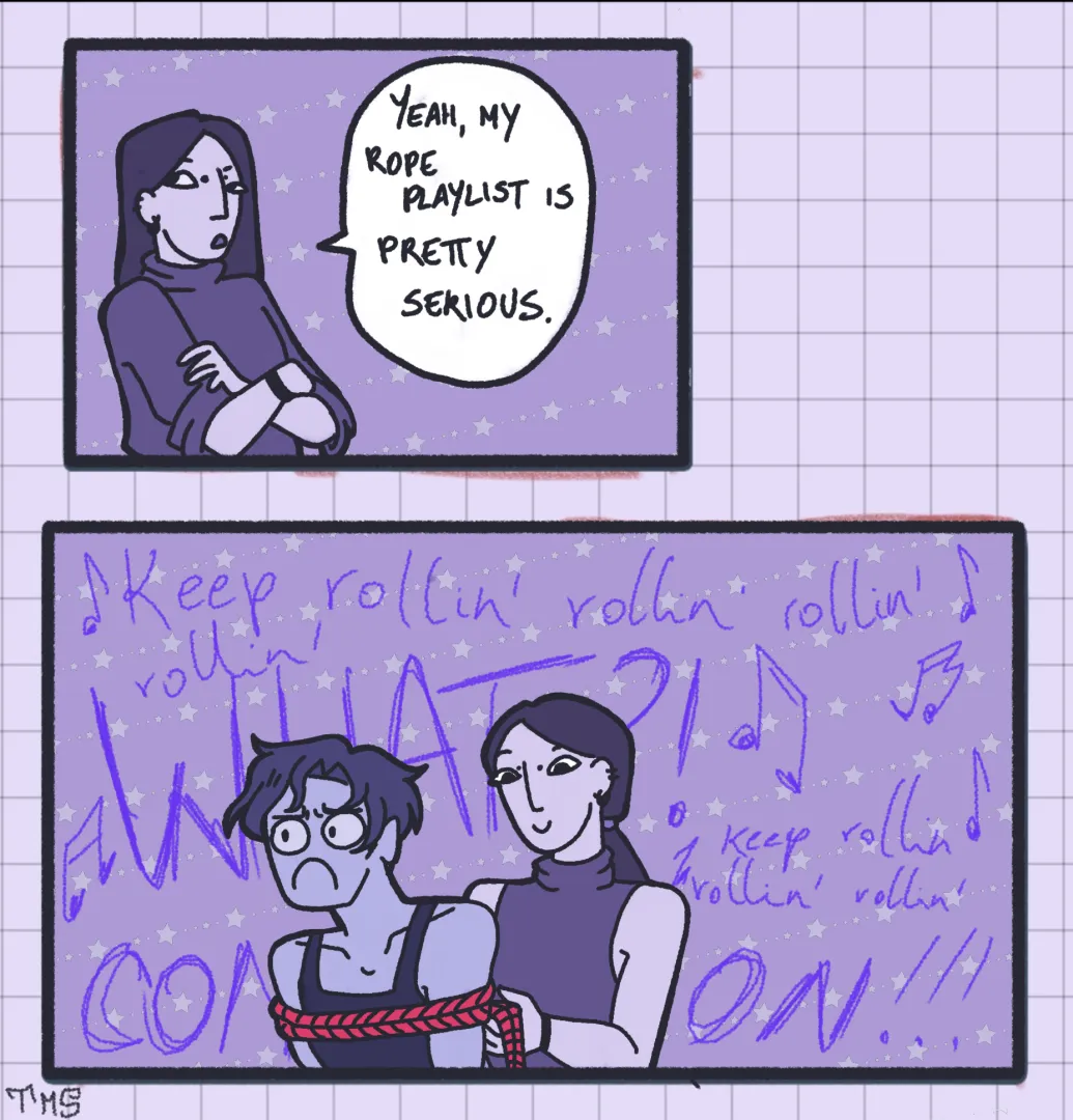 Just a silly comic I made about terrible music choices for when you're doing shibari posted by TheMightySmallest