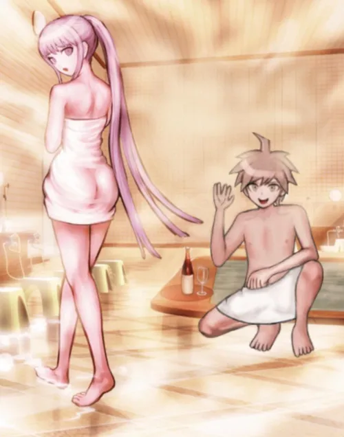Kyoko and Makoto bathing together in the bathhouse by Certain_Motor9076