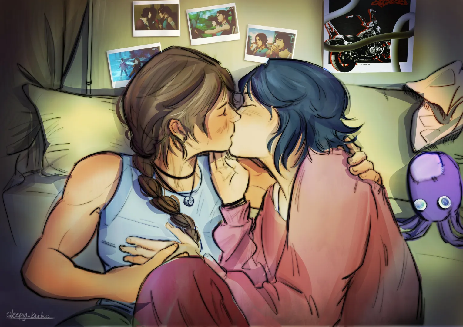 Lara & Sam kissing in bed (@sleepy_buko) [Tomb Raider] posted by LenaAran