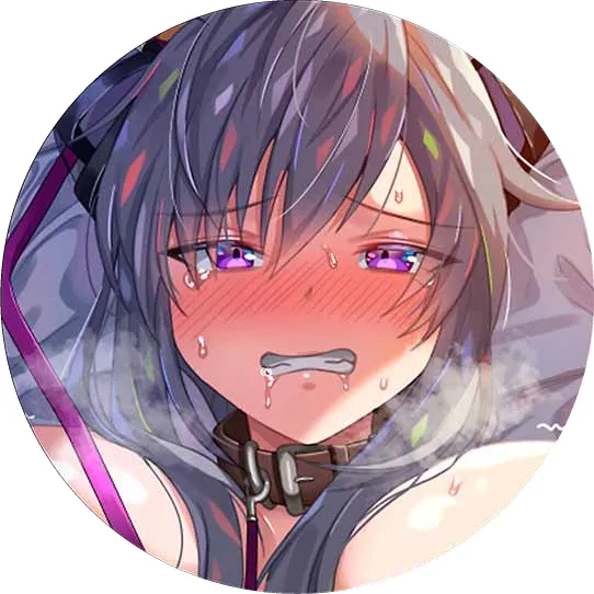 LF Color Source: 1girl, animal collar, arms up, clenched teeth, close-up, face, grey hair, hair between eyes, large breasts, looking at viewer, nose blush, pet play, purple eyes, purple leash, ribbon, saliva, silver hair, sweat posted by HentaiSource_Archive