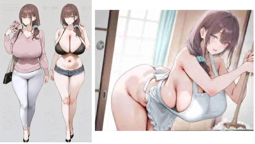 LF Color Source: 1girl, brown hair, hair scrunchie, low-side ponytail, half-closed eyes, full body, cowboy shot, mature female, large breasts, black bra, blunt bangs, shoulder bag, naked apron, denim shorts, black high heels, white pants, pink sweater by PreventionPreventer