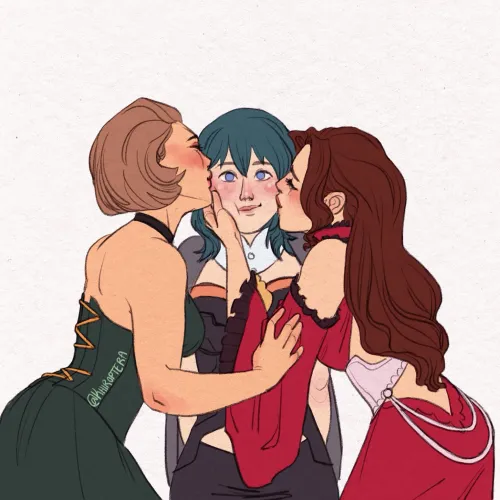 Manuela & Dorothea smooching Byleth (@khiroptera) [Fire Emblem] by LenaAran