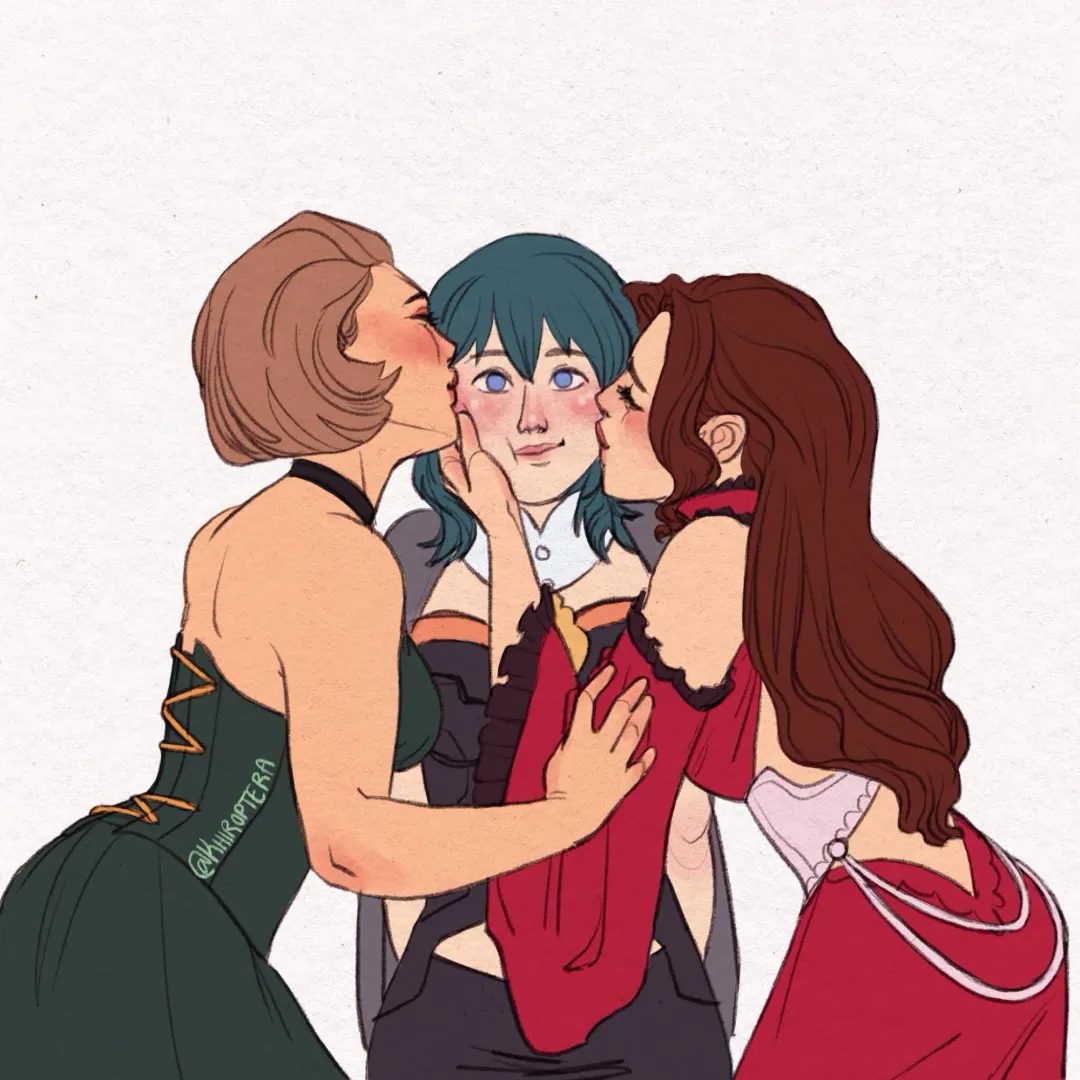 Manuela & Dorothea smooching Byleth (@khiroptera) [Fire Emblem] posted by LenaAran