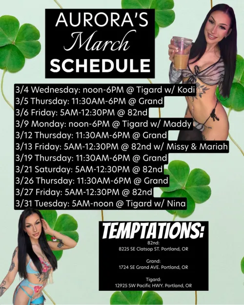 March is gonna be SO much fun  3 double troubles, a 3 girl shift w/ Missy & Mariah, and 3 shifts at the new Temptations Tigard stand! ✨333✨ the sign of growth ☺️ by baristaaurora