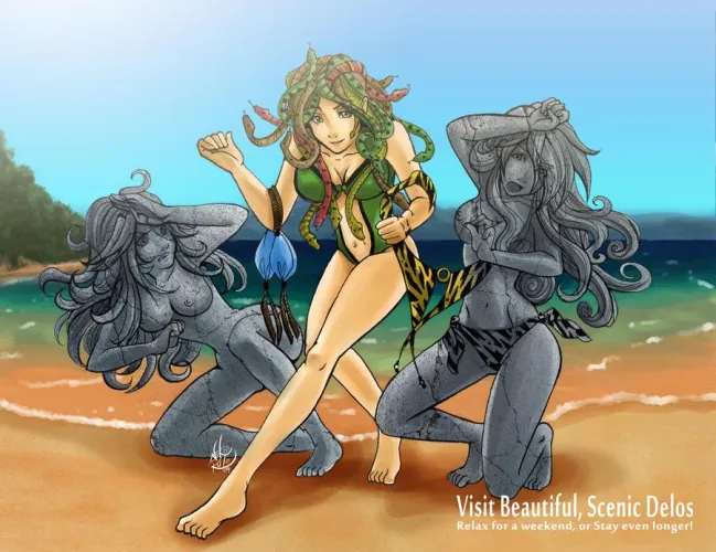 Medusa enjoying her time on the beach with two stone beauties by neko-rulz on deviantart. by DadGutsnumber1