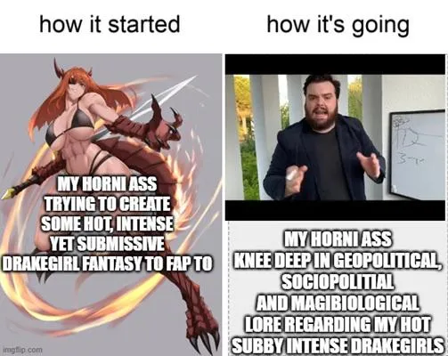[Meme, self-roast] my typical horni worldbuilding process posted by MonsterGirls4ever