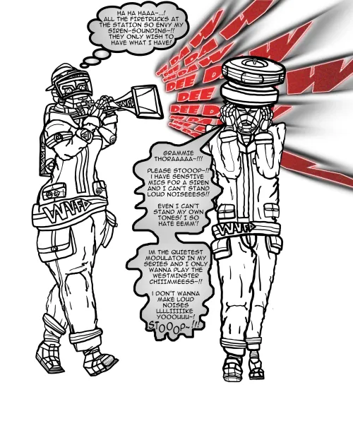 [MF] Some side-art of my anthro Federal Signal Thunderbolt siren gal. Now named Thora. She also has a grandson now, a Federal Signal Modulator MOD 1004 named Modesto. by TheFirstDecade