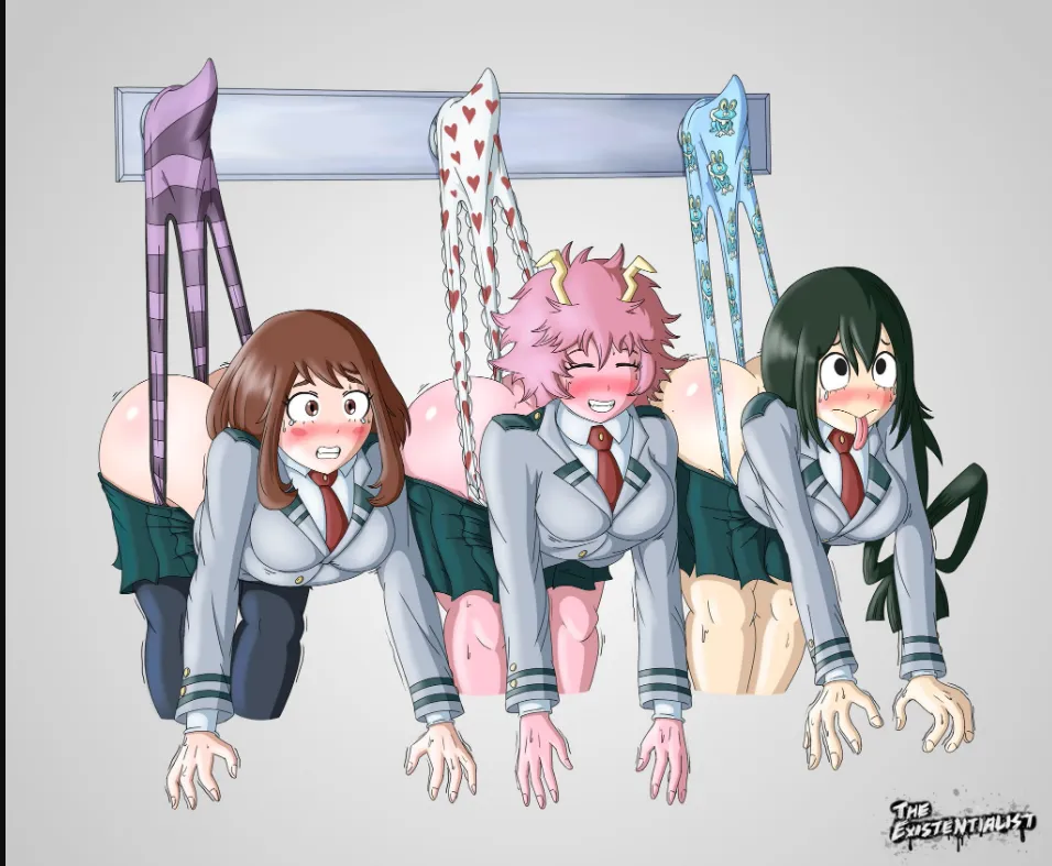 Mina Ashido along with her friends Ochako Uraraka and Tsuyu Asui, being hung by their panties, suffering a triple wedgie hanging as part of a cruel prank, possibly by the girls of Class 1-B (The Existentialist). posted by Fair_Championship471