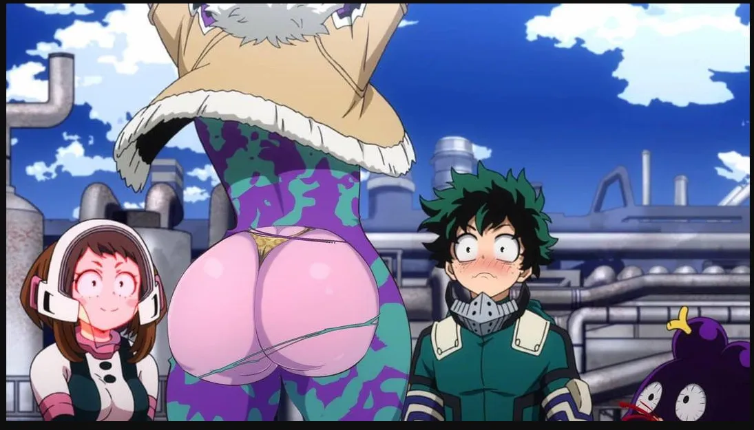 Mina Ashido, incredibly excited for the day, accidentally tears a piece off the back of her hero costume while Ochako, Deku, and Mineta stand admiring the amazing view. If this scene were real, it would beat the original. posted by Fair_Championship471