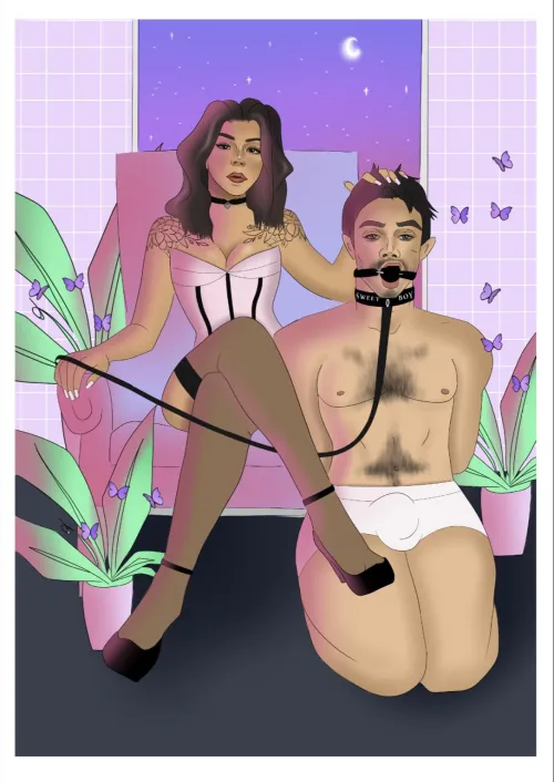 My mistress and I met on a subreddit had this made for me 5 years ago to show how we would be together. We lived in different countries and both in abusive relationships, she pulled me out of my darkest place. Today marks 3years being happily married and by puppy_and_kittten