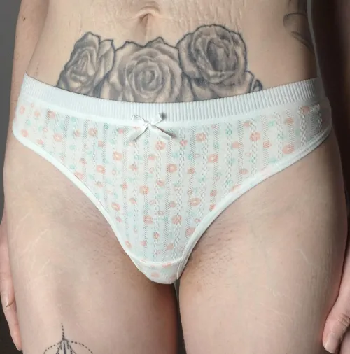 Naughty milf's white floral cotton thong, ready to soak in my sweet scent.  [UK] x by Daxmunro