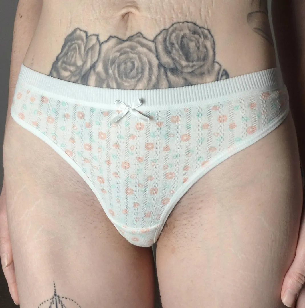 Naughty milf's white floral cotton thong, ready to soak in my sweet scent.  [UK] x posted by Daxmunro