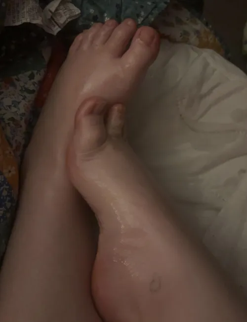 oily natural feet today got my sheets all wet (video for sale of me squirting oil all over them ;) by Happy-Relation-7311