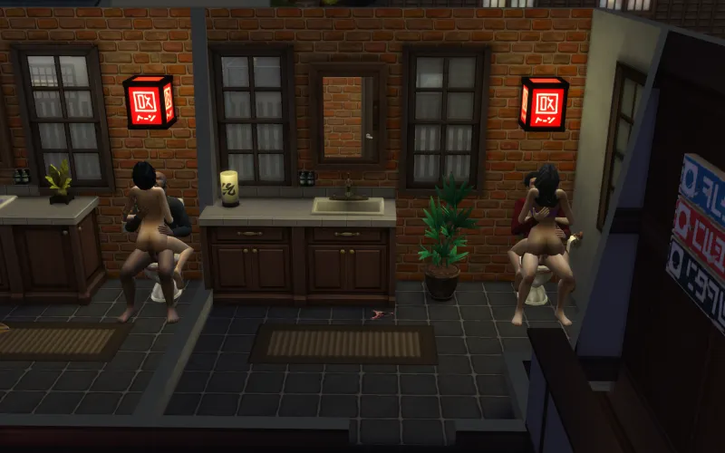 on vacation in komorebi and two couples start fucking in the bar bathroom at the same time, omg! i sent my sim in there to collect the panties cause she's a perv like that by likeyoualottie