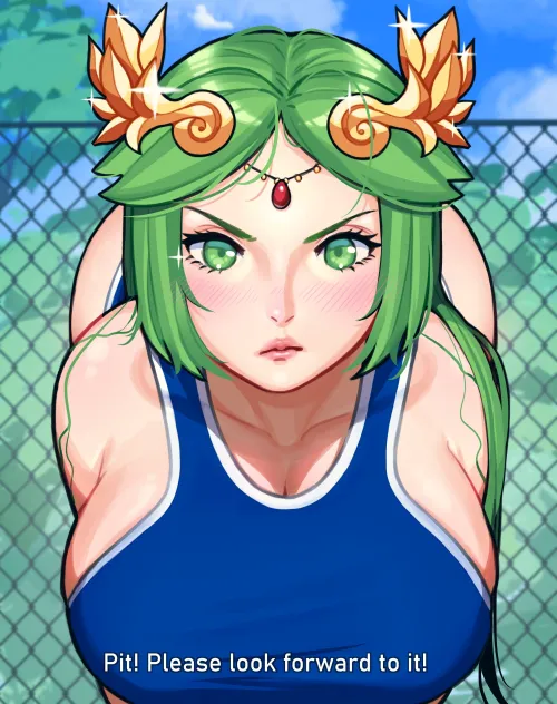 Palutena's message to look forward to the New Year! And for Pit to look forward to her body getting wet at the pool by Terran117