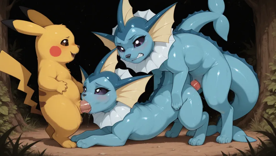 Pikachu helping out a Vaporeon couple by popsrocks2012