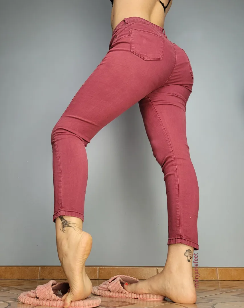 Pink tight jeans on me. posted by MaryJunefeet