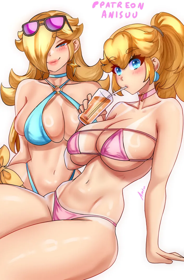 Princess Peach and Rosalina seducing you on Mario day by putting on tiny bikinis to show off as much of their thick bodies as possible (anisdrawn) posted by Terran117