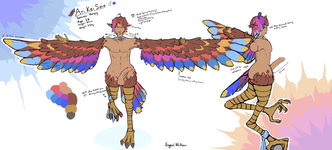Ref sheet of Ari Kei Saia, a harpy who's quite the size king! by EyeofNether