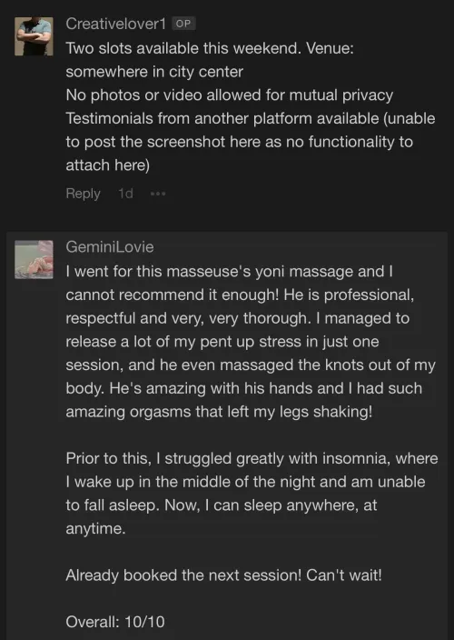 Repost: Experienced tantric practitioner available for yoni / flower bud therapy - an unimaginable experience (free, no cost) by creativelover_usc