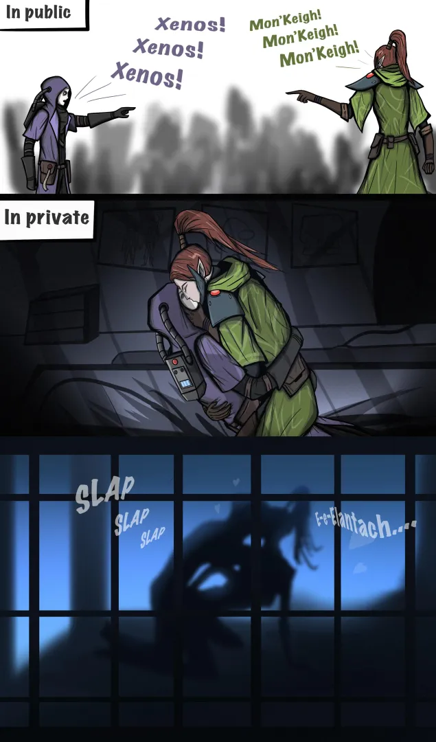 Rogue Trader Garvet von Valancius and Aeldari Ranger Yrliet Lanaevyss bonding activities posted by Raszard