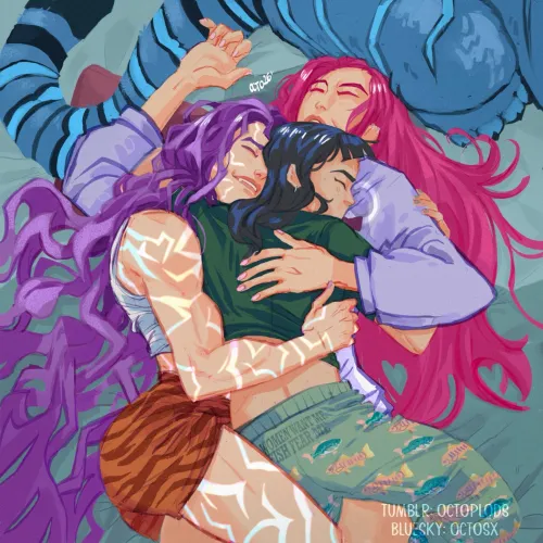 Rumi, Zoey & Mira having valentines cuddles (@octosx/octoplods) [Kpop Demon Hunters] by LenaAran
