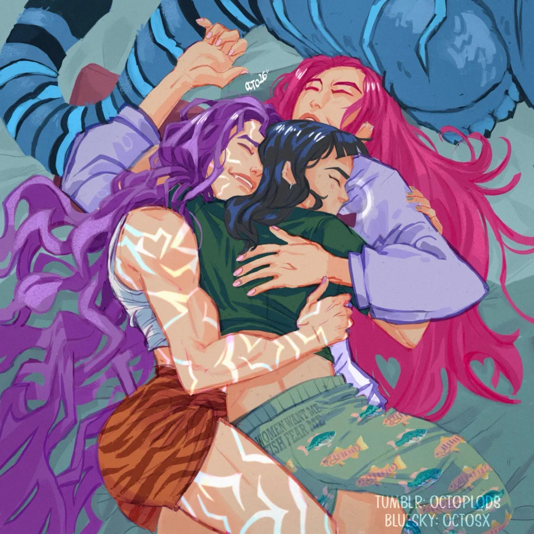 Rumi, Zoey & Mira having valentines cuddles (@octosx/octoplods) [Kpop Demon Hunters] posted by LenaAran
