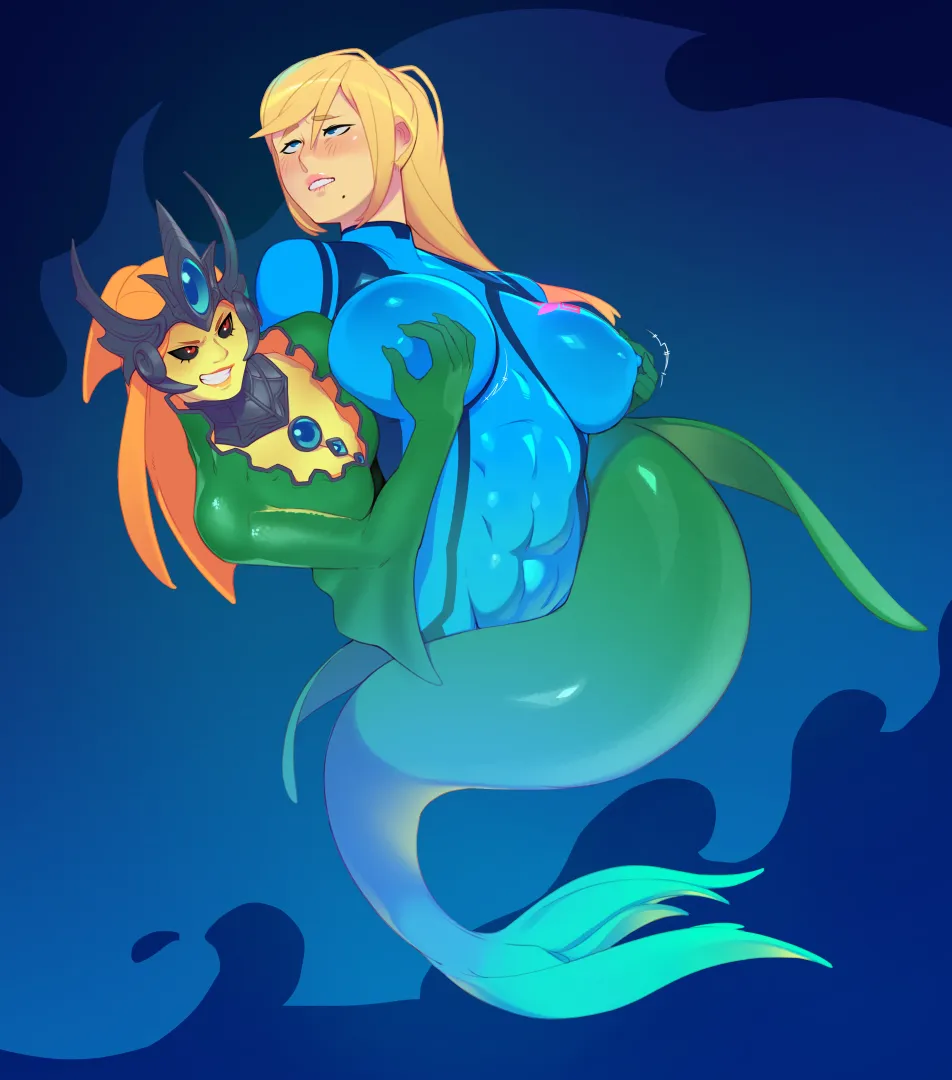 Samus getting teased by her mermaid girlfriend (@Combos & Doodles) posted by TheLongMapleDrekkar