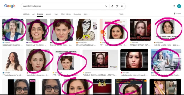 Search Engine Manipulation for Isabella Janke (Links lead to fake websites with fake people) posted by dont_hit_me_bro