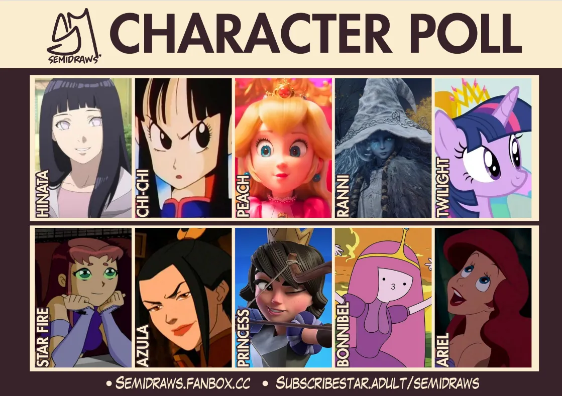 semidraws character poll new characters to choose from are hinata hyuga, chi-chi, princess peach. ranni eldeng ring, twilight sparkle pony, starfire, azula, princess clash royale, bonnibel princess and princess ariel siren which one do you prefer posted by Agitated-Macaron5217