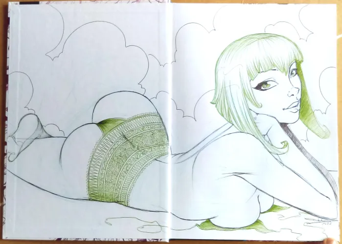 Sexy pinup drawing in ballpoint pen black and green by Thib_Illustrations