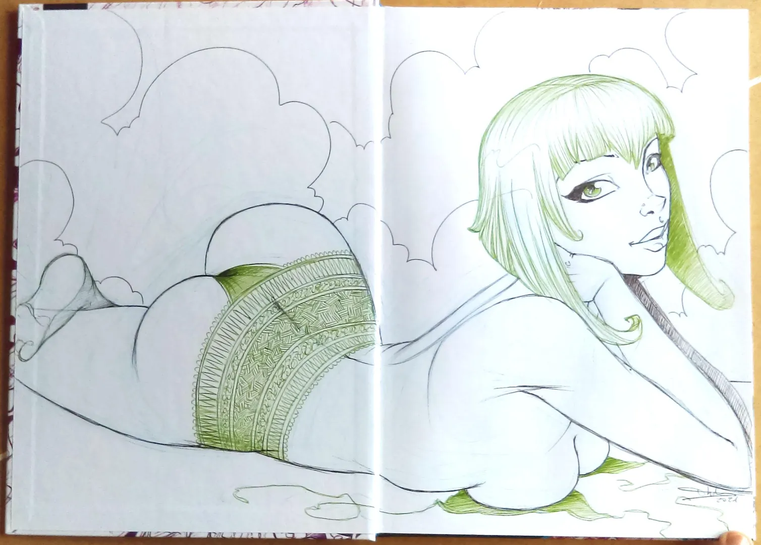 Sexy pinup drawing in ballpoint pen black and green posted by Thib_Illustrations