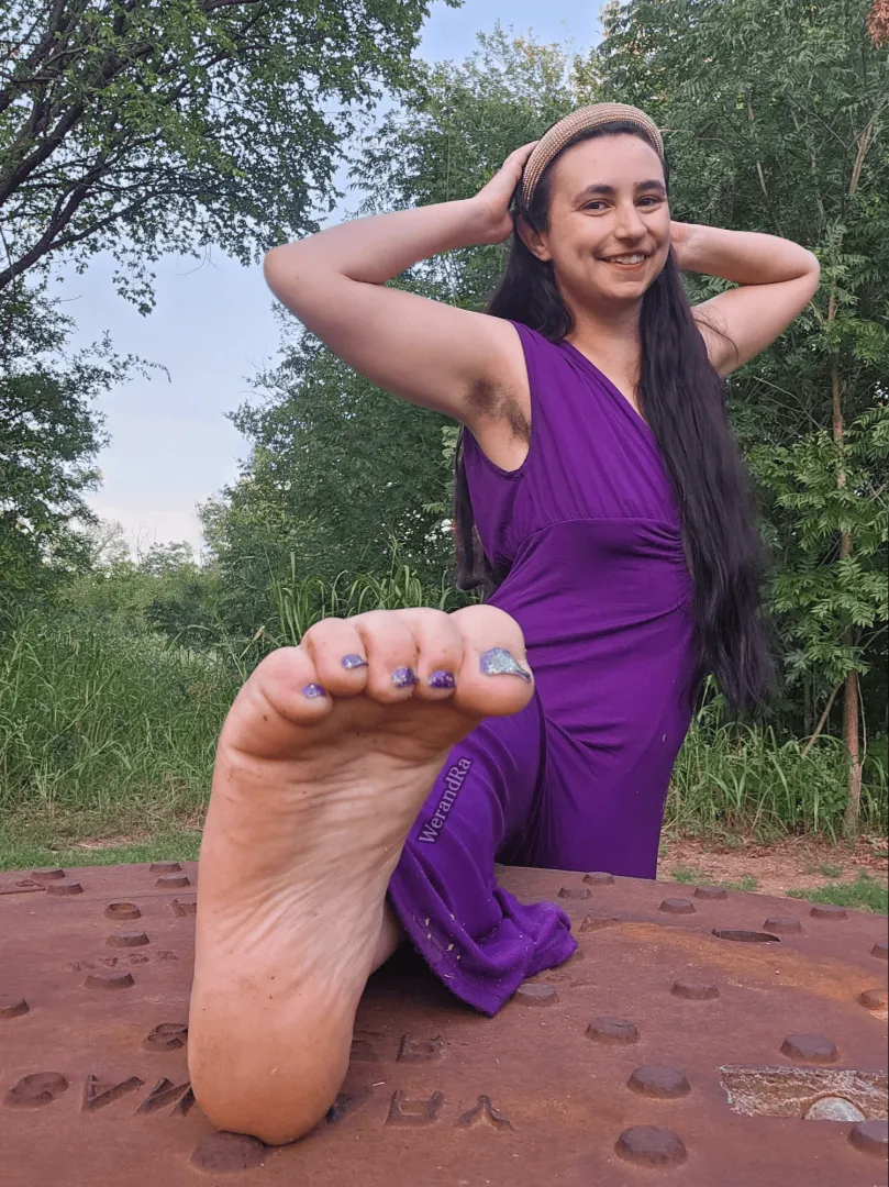 Showing off armpit hair plus purple pedicure on a walk posted by gemini_dra