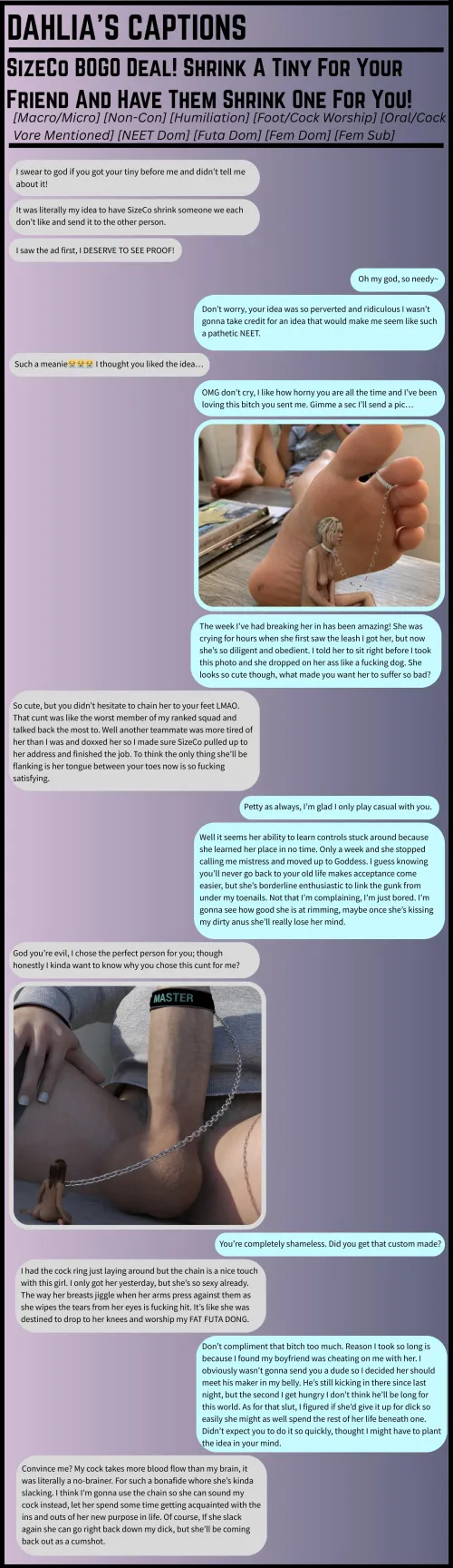 SizeCo BOGO Deal! Shrink A Tiny For Your Friend And Have Them Shrink One For You! [Macro/Micro] [Non-Con] [Humiliation] [Foot/Cock Worship] [Oral/Cock Vore Mentioned] [NEET Dom] [Futa Dom] [Fem Dom] [Fem Sub] by God-Dahlia