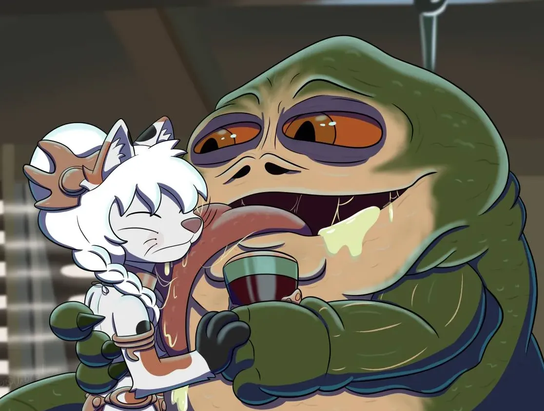 Slave Princess Leah the Calico enslaved to Jabba (OC belongs to Rosewood, art by Lewds Unbroken, commissioned by me) posted by Red_Midnight64