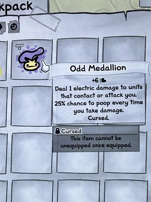 Sonichu Medallion in Mewgenics. Cursed Item Causes You to Poop 25% of the Time You Take Damage. by MrCrix