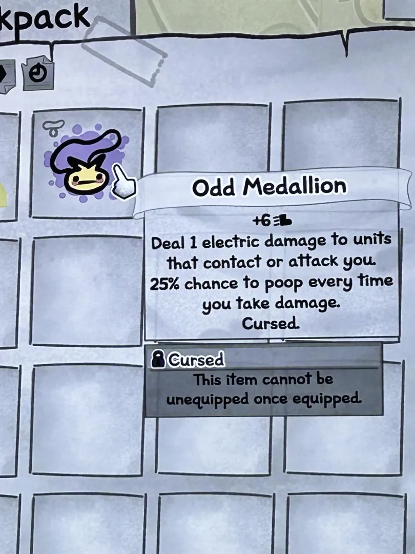 Sonichu Medallion in Mewgenics. Cursed Item Causes You to Poop 25% of the Time You Take Damage. posted by MrCrix