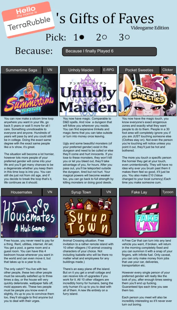 Terrarubble's Gift of Faves (Videogame Edition) [1/6 Skill Picker] posted by Terrarubble