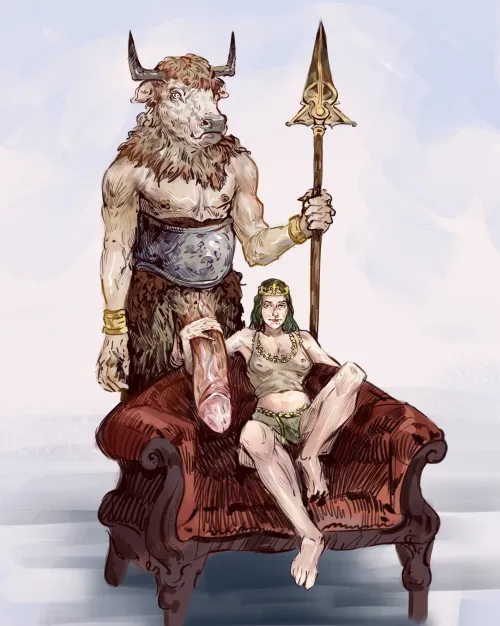 The Kingdom's Queen with her Personal Minotaur (LilyVupyria) [OC] by LilyVupyria
