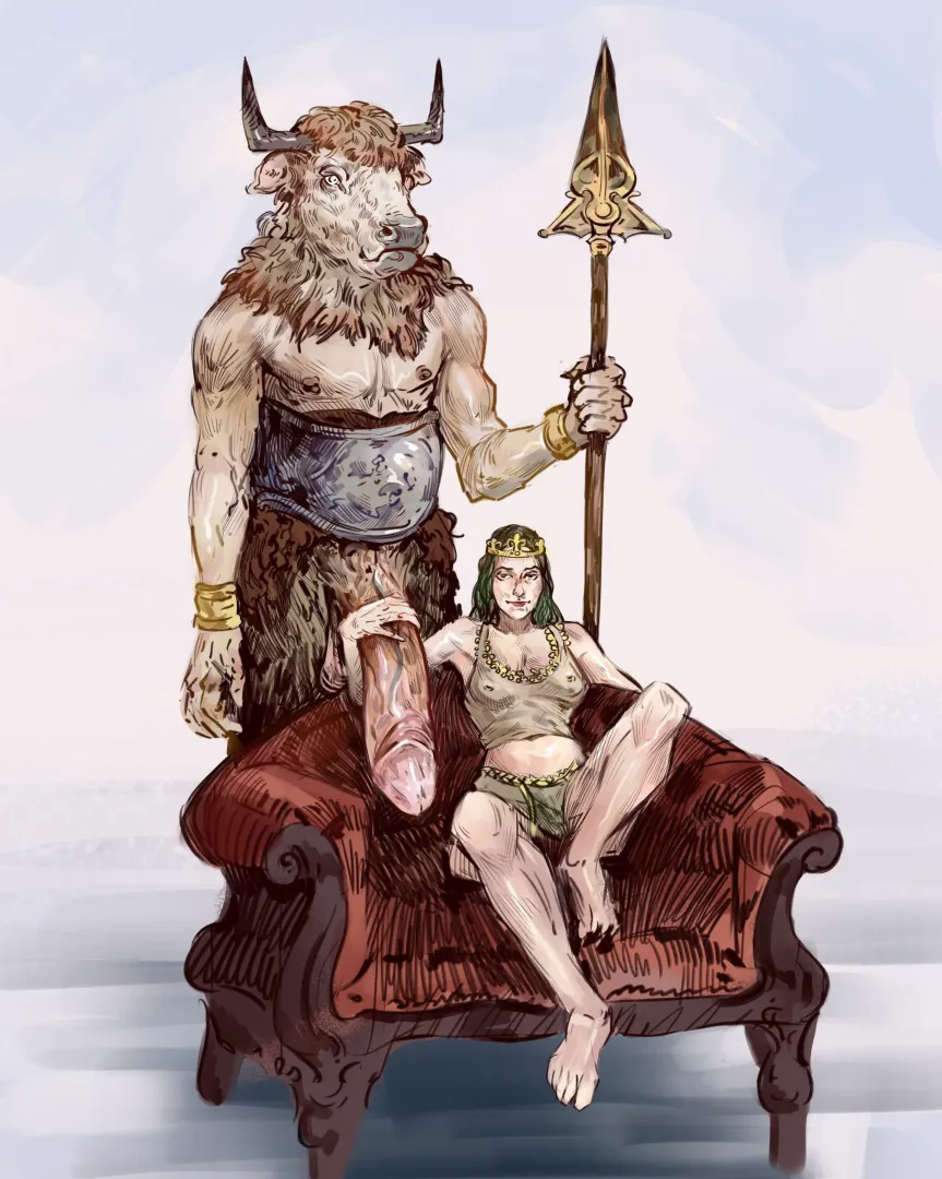The Kingdom's Queen with her Personal Minotaur (LilyVupyria) [OC] posted by LilyVupyria