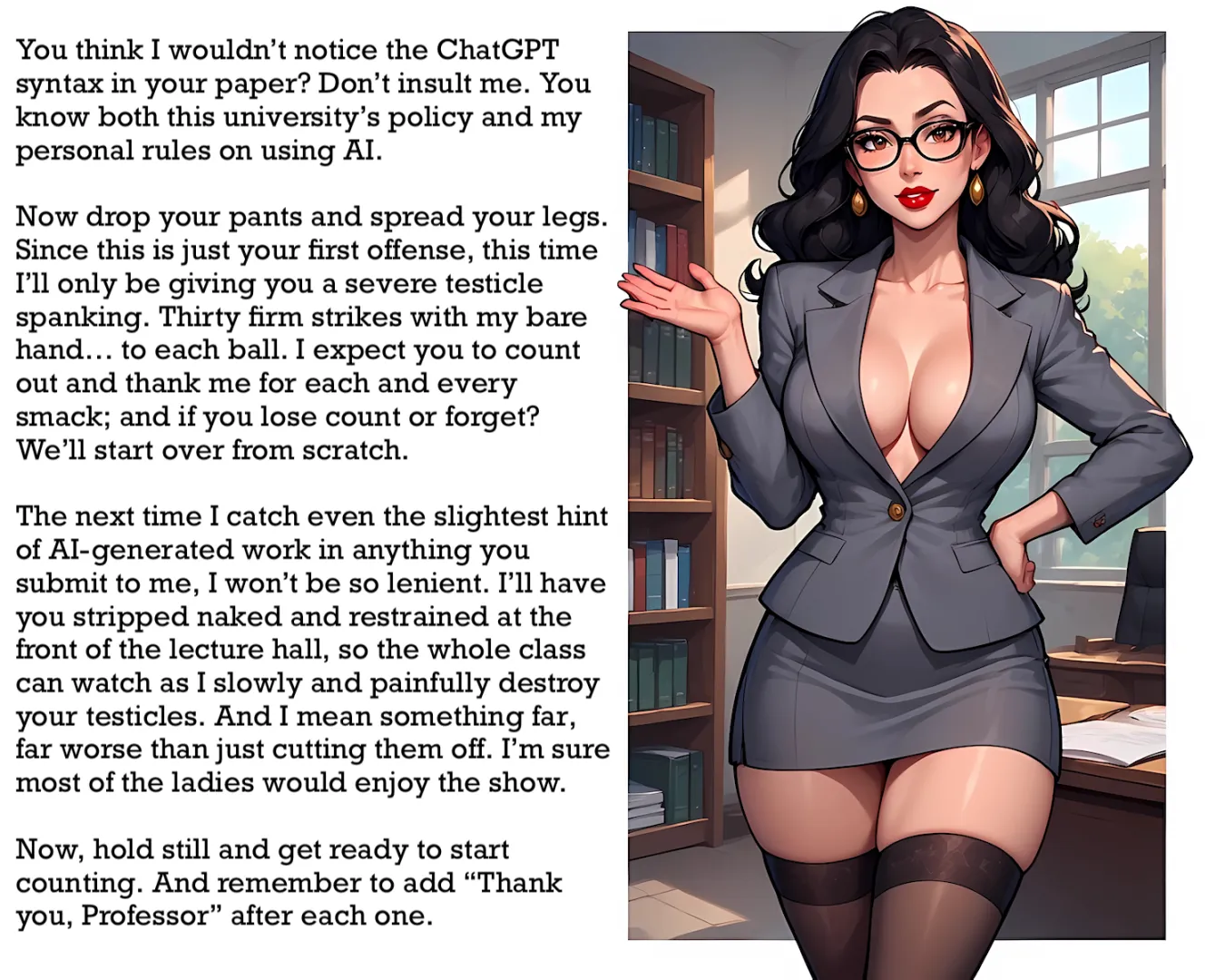 The professor caught you using AI in your work for her class… [AI Image] (punishment81 on ImageFap) posted by MasticatrixPenalty