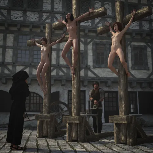 These women have been crucified in town square for various crimes. Their feet were nailed in various methods to see which one of these women will survive the longest. Which one of them will die first? by crucifiedwharlot