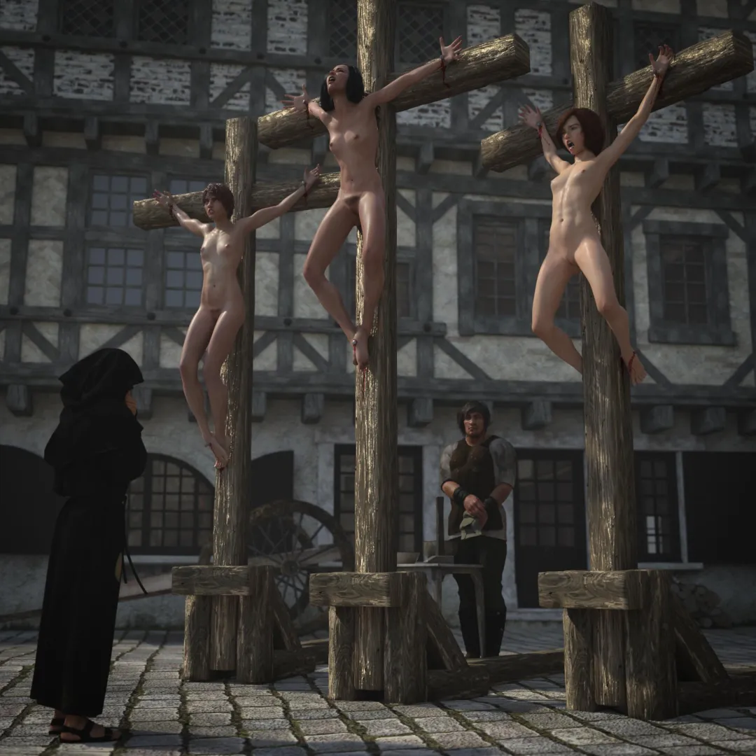 These women have been crucified in town square for various crimes. Their feet were nailed in various methods to see which one of these women will survive the longest. Which one of them will die first? posted by crucifiedwharlot