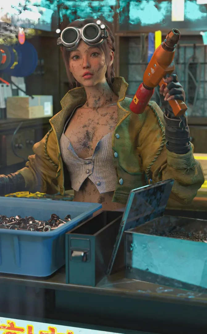 This is the grease monkey in my cyberpunk game! Bang or pass? [TheColorPink by BajieStudios] posted by bajiestudios