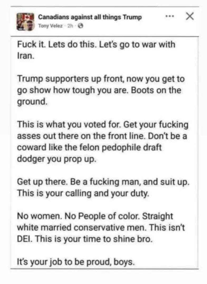 To all the Trump supporters out there, you have talked the talk, now it's your time to walk the walk. Show your support for your ped0 President. Get to the front line for the war against Iran! posted by ss5722