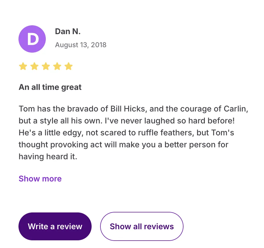 Tom Myers has page on a site called gigsalad with only one review, this is that review: posted by ToxicRainbow27