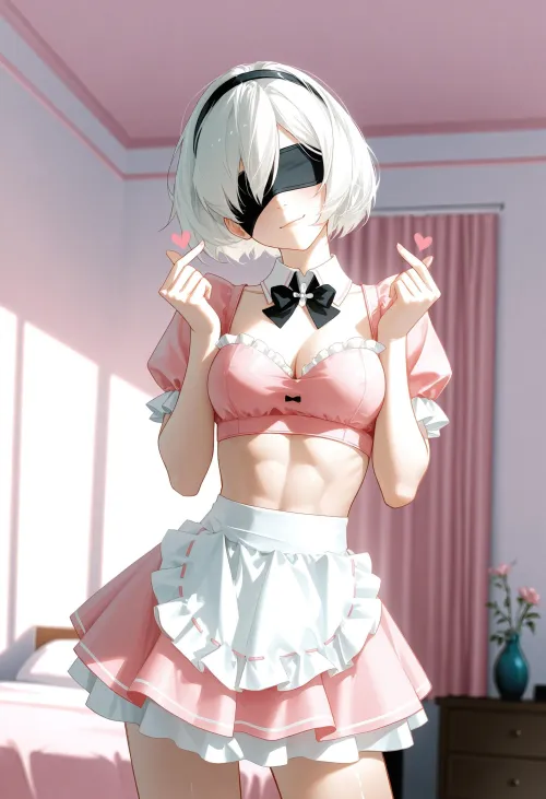 Toned 2B in pink maid outfit by Hillvegxn